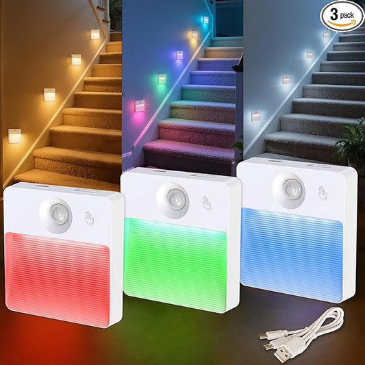 Guankai 3 Pack Motion Sensor Stair Light for Indoor, Rechargeable Battery Operated Closet Lights, RGBW Stick On Night Lamp, Motion Activated Magnetic Lighting Lamps for Step, Cabinet,Hallway,Bathroom