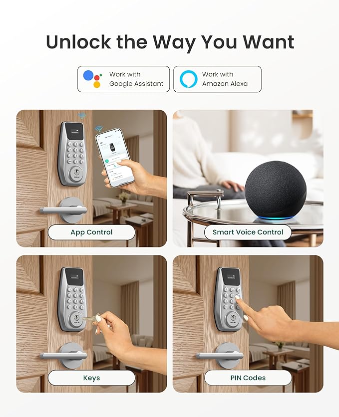 DESLOC C100 Plus Built-in WiFi Smart Lock with Handle Set, Built-in WiFi Keyless Entry Door Lock with Display, Keypad Deadbolt & Matching Lever Handle for Front Door, App Remote Control - Silver