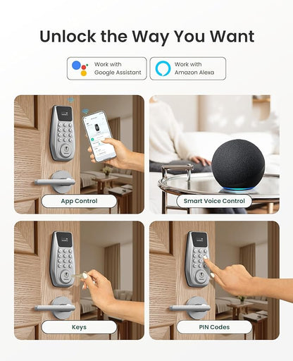 DESLOC C100 Plus Built-in WiFi Smart Lock with Handle Set, Built-in WiFi Keyless Entry Door Lock with Display, Keypad Deadbolt & Matching Lever Handle for Front Door, App Remote Control - Silver