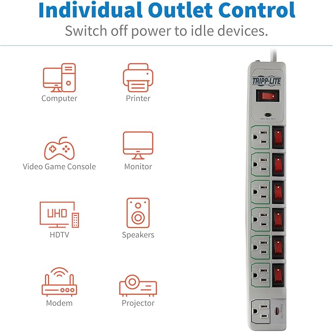 Tripp Lite 7-Outlet Surge Protector Power Strip with 6 Individually Controlled Switches, 6 Foot / 1.83M Cord, Lifetime Limited Warranty & $25,000 Insurance (TLP76MSG)