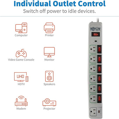 Tripp Lite 7-Outlet Surge Protector Power Strip with 6 Individually Controlled Switches, 6 Foot / 1.83M Cord, Lifetime Limited Warranty & $25,000 Insurance (TLP76MSG)