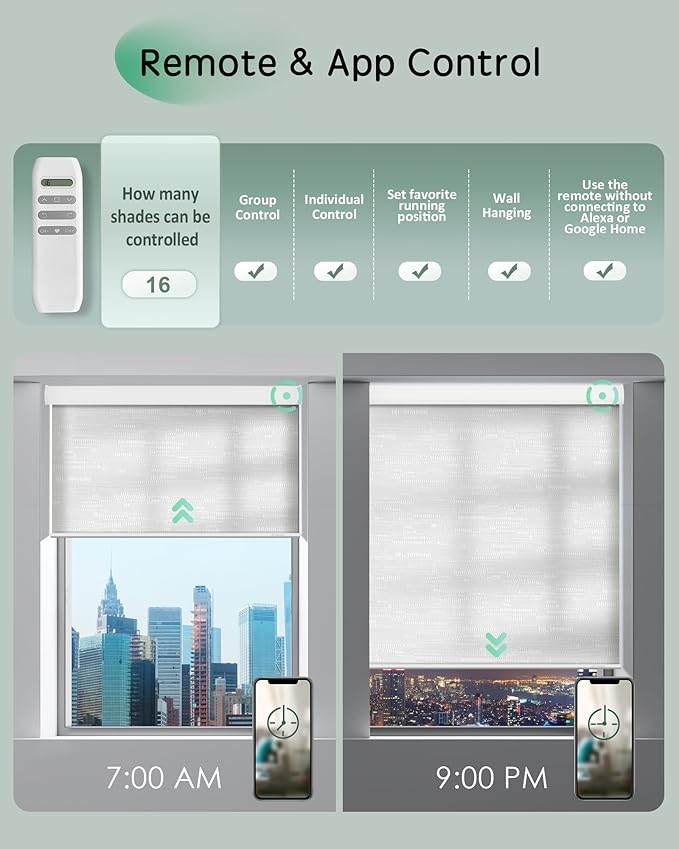 Yoolax Motorized Shades App Control, Light Filtering Automatic Blinds for Indoor Windows, Electric Roller Shades for Bedroom Living Room Office (Soft Jacquard White, 24" W x 72" H)