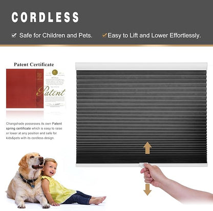 Changshade Custom Cordless Cellular Window Blinds, Light Filtering Pleated Honeycomb Shades, 1.5 inch Single Cell Cellular Shades for Home, Bedroom, Bathroom, French Door, Black, JZCMC-CEL-BK-D