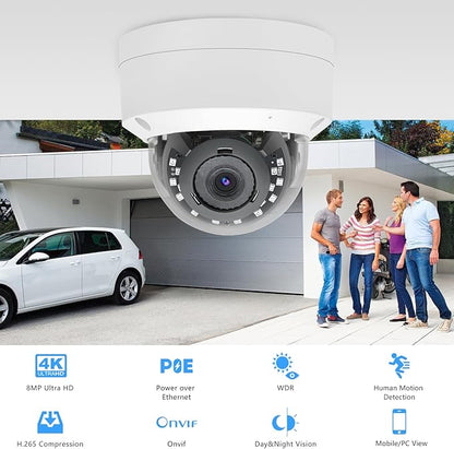 8MP 4K PoE IP Vandal Dome Security Camera Outdoor, H.265 IP Network PoE Camera with 2.8mm Lens, 105° Wide Angle, IP66 Waterproof, 80ft IR Night Vision, Human Motion Detection