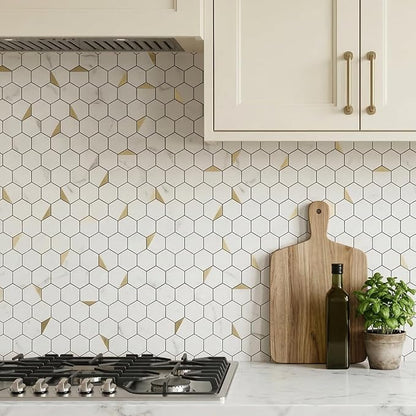 20-Sheet Heavy-Duty Hexagon Peel and Stick Backsplash, Thick Waterproof &Heat Resistant Stick on Wall Tiles, Marble White Mosaic for Kitchen & Bathroom, Strong Adhesive Permanent PVC Tiles
