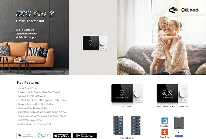 Wi-Fi Smart Thermostat Programmable - Compatible with Alexa, Google Assistant - High Rise 3 Speeds Fan Coil - ERV/HRV On/Off - Smart Life, Tuya APP - ESC PRO 2, Small