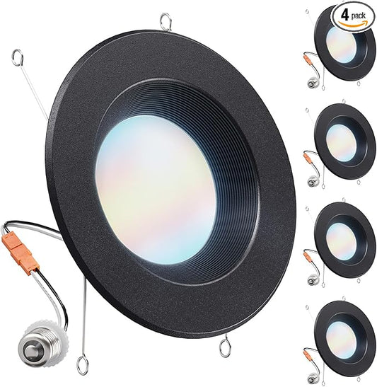 Sunco 4 Pack LED Black Recessed Light 6 Inch, 5CCT 2700K/3000K/3500K/4000K/5000K Selectable, Dimmable Can Lights, Baffle Trim, 13W=120W, 965 LM, Damp Rated, Retrofit Installation, UL Listed