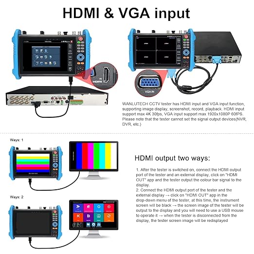 8K IP Camera Tester, WANLUTECH All in One CCTV Tester 7inch Touchscreen TVI CVI AHD SDI CVBS Camera Test TDR Cable Test OPM VFL 90W PoE Power DMM Network Tools WiFi HDMI VGA (IPC-9800CLMOVTADHS Pro)