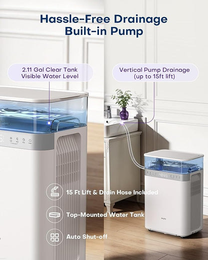 avylo Dehumidifier for Basement with Pump, 2.11 Gallon Top-Mounted Water Tank, Max 90 Pint/D, Energy Star Most Efficient 2025, 4500 Sq.Ft Dehumidifiers for Home with 41dB, Drain Hose, Auto Defrost