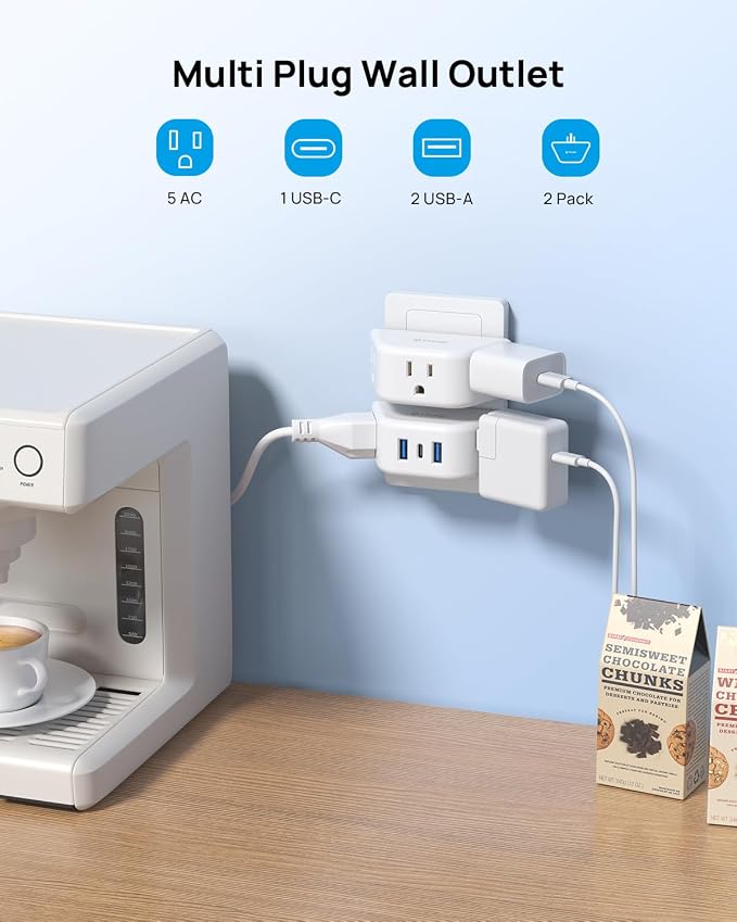 TROND Multi Plug Outlet Extender with USB, 2 Pack Plug Splitter | No Blocking with 3 Way Angled Design Outlet Adapter, Cruise Essentials, Small Multiple Expander for Travel Home Office, White