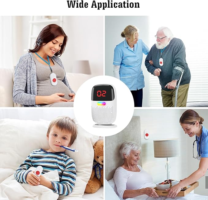 Caregiver Pager System with Digital Display for Elderly Assistance, Fall Prevention, and Nurse Calling，Wearable Wireless Pager for Patient Help at Home(1 Call Buttons + 1 Receivers)