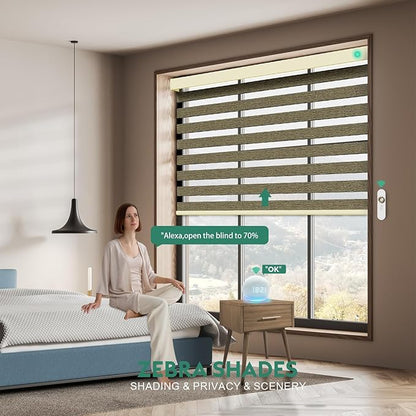 Motorized Zebra Blinds with Remote [Dual Layer + Light Filtering] 90% Blackout Smart Shades for Indoor Windows, Alexa Google and HomeKit Compatible, Customized Size, Shadow Haze