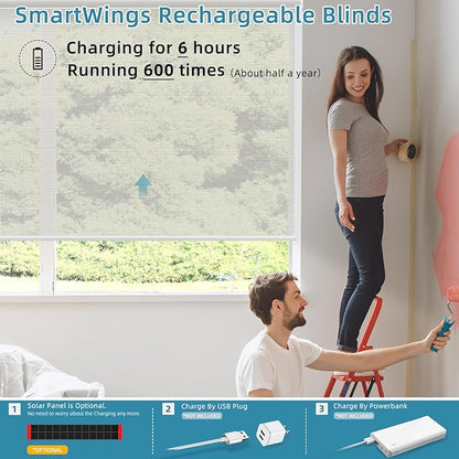 SmartWings Motorized Smart Roller Shades in Light Filtering, Electric Blinds with Remote for Windows Compatible with Alexa/Google Home/Homekit, Customized, PVC Free Pearl 5% Openness
