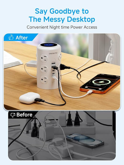 Tower Power Strip with Night Light,PD20W USB C Power Strip Tower with Multiple Outlets,12 Outlets,5 USB Ports (3 USB-C), 10FT Extension Cord Desk Charging Station for Home,Office,Dorm Essentials,White