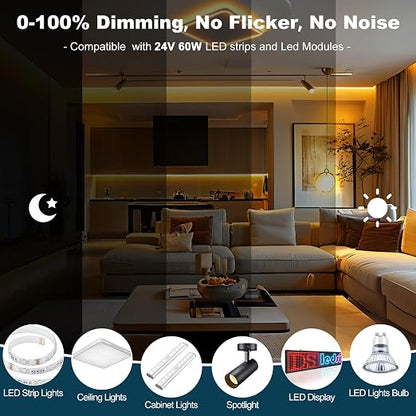 Dimmable LED Driver 24V 60W, 5-1 LED Transformer Compatible with Lutron and Leviton Dimmer Switch,Smooth Flicker Free Dimming, ETL& Class 2& FCC Certified, Triac/0-10V/RX/1-10V Dimmable Power Supply