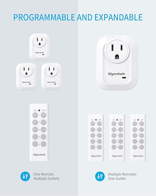 Syantek Upgraded Remote Control Outlet Wireless Light Switch for Household Appliances, Expandable Remote Light Switch Kit, Up to 100 ft Range, FCC Certified, ETL Listed, White (5 Outlets + 2 Remotes)