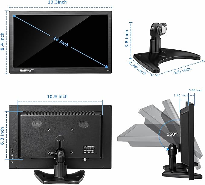 Haiway 14 Inch Security Monitor, 1366x768 Resolution Small PC Monitor Built-in Speakers with HDMI/VGA/BNC/AV Ports, Home Office Mini hdmi Monitors for Laptop, CCTV Camera, Gaming with Remote Control
