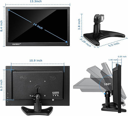 Haiway 14 Inch Security Monitor, 1366x768 Resolution Small PC Monitor Built-in Speakers with HDMI/VGA/BNC/AV Ports, Home Office Mini hdmi Monitors for Laptop, CCTV Camera, Gaming with Remote Control