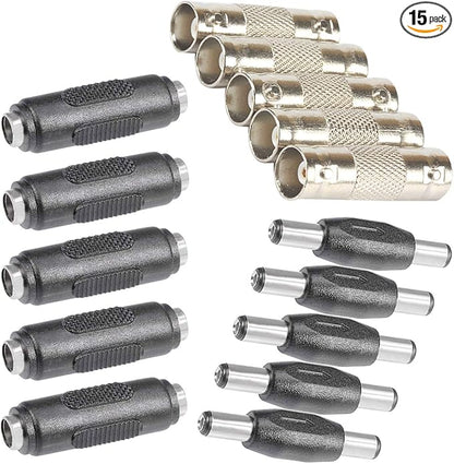 DC/BNC Connector Component: 5 BNC Coupler+5 DC Adapter Female to Female+5 DC Adapter Male to Male,for Indoor and Outdoor CCTV Home Security Surveillance Wire Connection.(15 Pack)