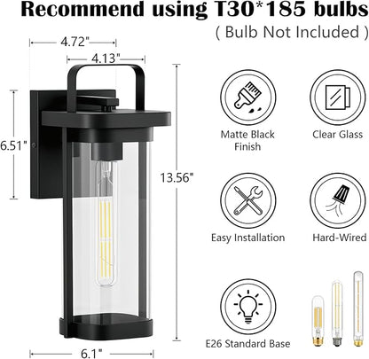 2-Pack Outdoor Wall Lights, Porch Lights, Waterproof Outdoor Wall Sconce Lanterns, 13.5" Exterior Lighting Fixtures Matte Black with Clear Glass Shade for House Patio Garage Doorway Entryway