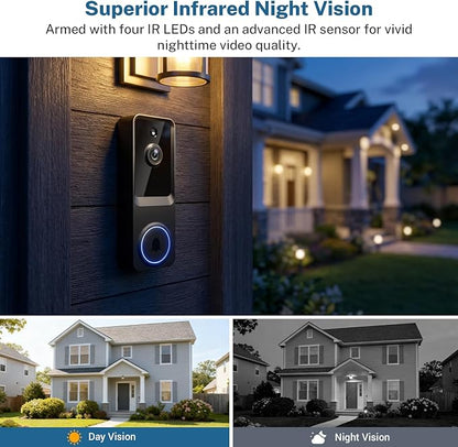 1080p Video Doorbell Camera Wireless for Home, Indoor and Outdoor, Cloud Storage (Subscription Required), Receiver Notification, Night Vision, 120° View, Battery Powered
