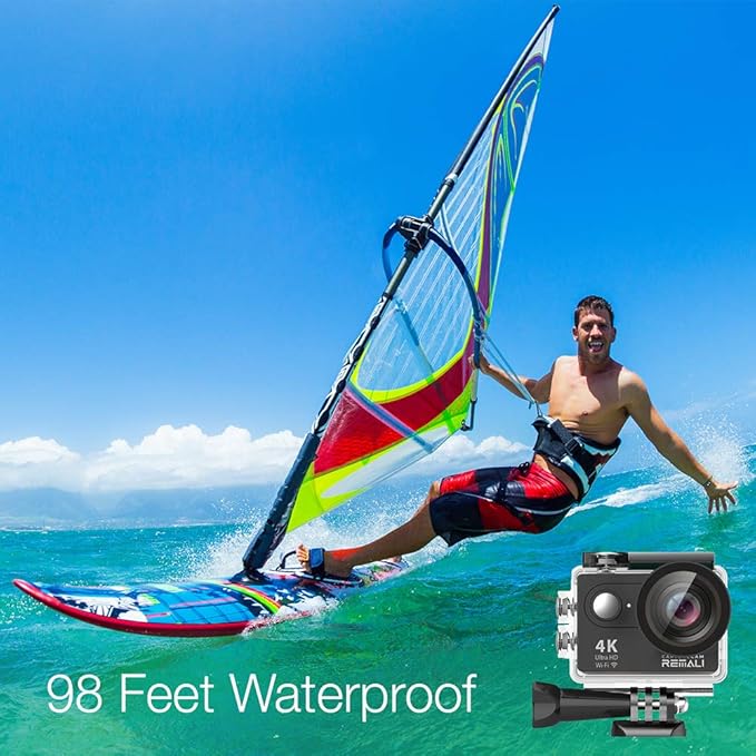 REMALI CaptureCam 4K60FPS Waterproof Action Camera 21-Piece Complete Kit and 3 Batteries — Amazing Family Sports Camera That Captures Best Moments — Great for Baseball, Fishing & Travel Adventures