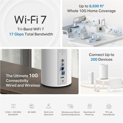 TP-Link Deco 7 Pro BE17000 Tri-Band Wi-Fi 7 Whole Home Mesh System | 9-Stream 17Gbps | 10G RJ45/SFP+ Combo | Multi-Gig Wired Backhaul | Up to 6,300 Sq.ft | HomeShield, MLO, 320 MHz (Deco BE77 2-Pack)