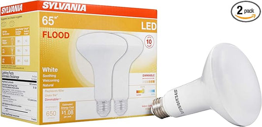 Sylvania LED BR30 Flood Light Bulb, 65W Equivalent Efficient 9W, 10 Year, Dimmable, Frosted Finish, 650 Lumens, 3000K, Warm White - 2 Pack (40337)