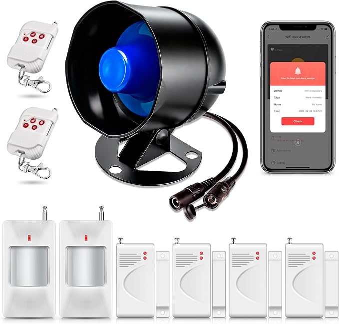 WiFi Security Alarm System Kit-Wireless 120db Loud Weatherproof Siren Horn with Remote Control& Door Contact Sensor&Motion Sensor Alarm Home Hotel Garage Shop Burglar Alarm System