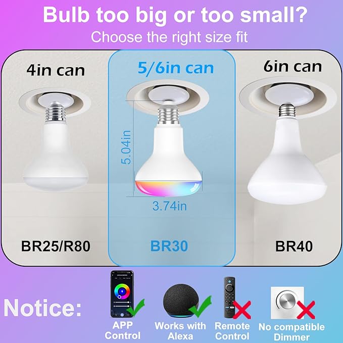 Smart Light Bulbs，BR30 Smart Bulbs Compatible with Alexa，Flood Light Bulbs 10W 900LM,RGBCW Color Changing Light Bulb，2.4Ghz WiFi Bulb,APP Dimmable E26 Base,4Pack