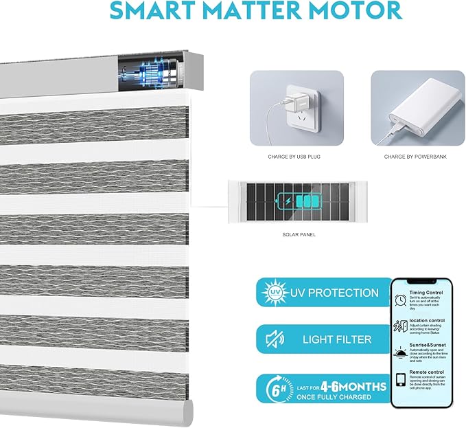 Motorized Zebra Blinds with Remote, Work with HomeKit Alexa, Smart Light Filtering Horizontal Automatic Electric Window Shades for Home Office Customsize(80% Blackout Oceanwave Grey)