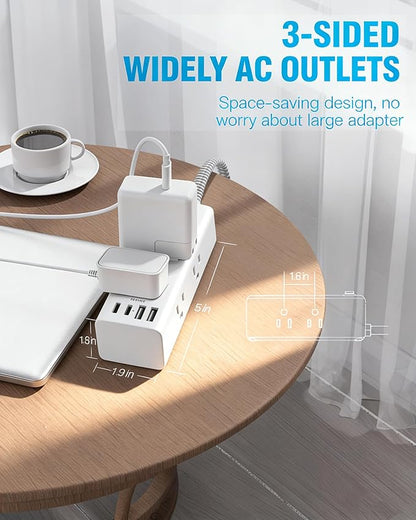 Flat Plug Extension Cord 6 Ft, One Beat 6 Feet Surge Protector Power Strip with 6 Widely Outlets 4 USB Ports (2 USB C), 3 Way Wall Outlet Extender Extension Cord for Home Office College Dorm Room