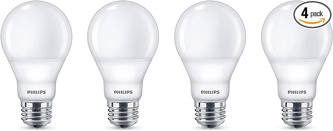 Philips LED 4 Pack A19 Soft White Dimmable Warm Glow LED, 2200-2700 Kelvin, 800 Lumen, 8.8W=60W, E27 Base