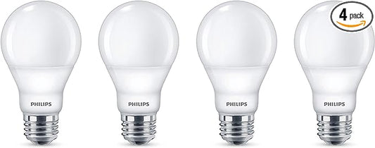 Philips LED 4 Pack A19 Soft White Dimmable Warm Glow LED, 2200-2700 Kelvin, 800 Lumen, 8.8W=60W, E27 Base