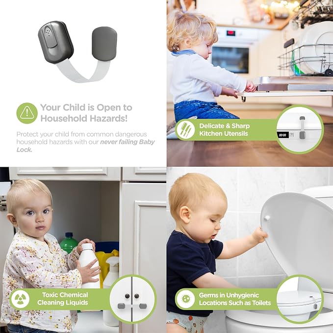 SKYLA HOMES Child Safety Cabinet Locks, Metallic Gray, 2 Pack | ABS and TPE adhesive latches for cabinets, drawers, ovens and toilet seats; no screws or magnets needed