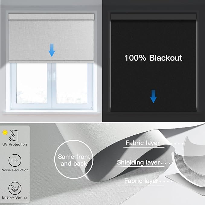 Tokblind Motorized Blackout Roller Shade Fabric Covered Valance and Bottom Rod, Remote Control Electric Window Blind Compatible with Alexa Google via Hub, Custom Size (Greyish White - Wrapped Fabric)