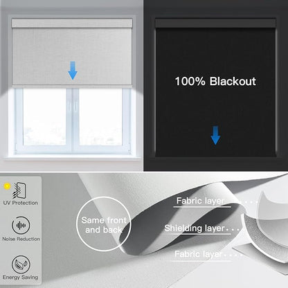 Tokblind Motorized Blackout Roller Shade Fabric Covered Valance and Bottom Rod, Remote Control Electric Window Blind Compatible with Alexa Google via Hub, Custom Size (Greyish White - Wrapped Fabric)