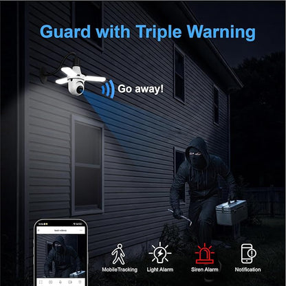 KERUI 2K Light Bulb Camera Outdoor Indoor, 360° Auto Tracking PTZ WiFi Security Camera with Dimmable LED Light, Color Night Vision, AI Motion Detection, Two-Way Audio, E27 Screw in Light Socket