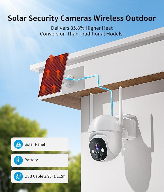 2K Solar Security Cameras Wireless Outdoor, 360° View Outdoor Camera for Home Security with Color Night Vision, Battery Powered, AI PIR Detection, Spotlight Siren Alarm, Only 2.4Ghz WiFi