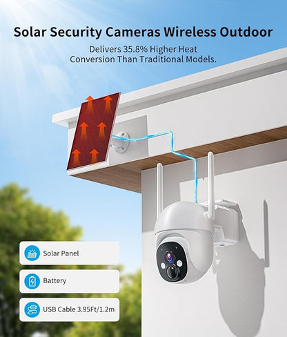2K Solar Security Cameras Wireless Outdoor, 360° View Outdoor Camera for Home Security with Color Night Vision, Battery Powered, AI PIR Detection, Spotlight Siren Alarm, Only 2.4Ghz WiFi