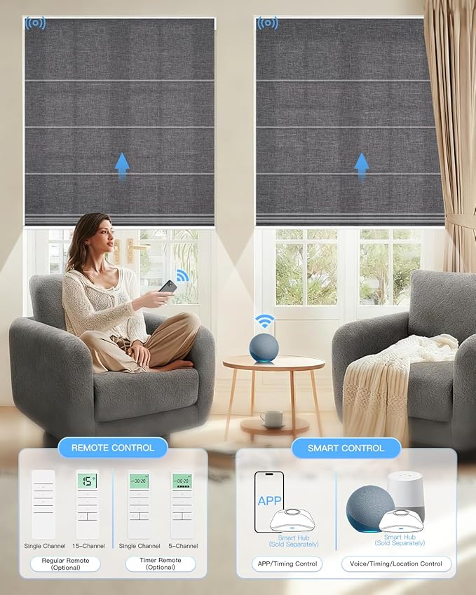 Motorized Roman Shades for Windows, Custom Light Filtering Roman Blinds with Remote, Smart Privacy Window Shades for Living Room Kitchen Office, Alexa & Google Home Compatible, App Control via RF Hub