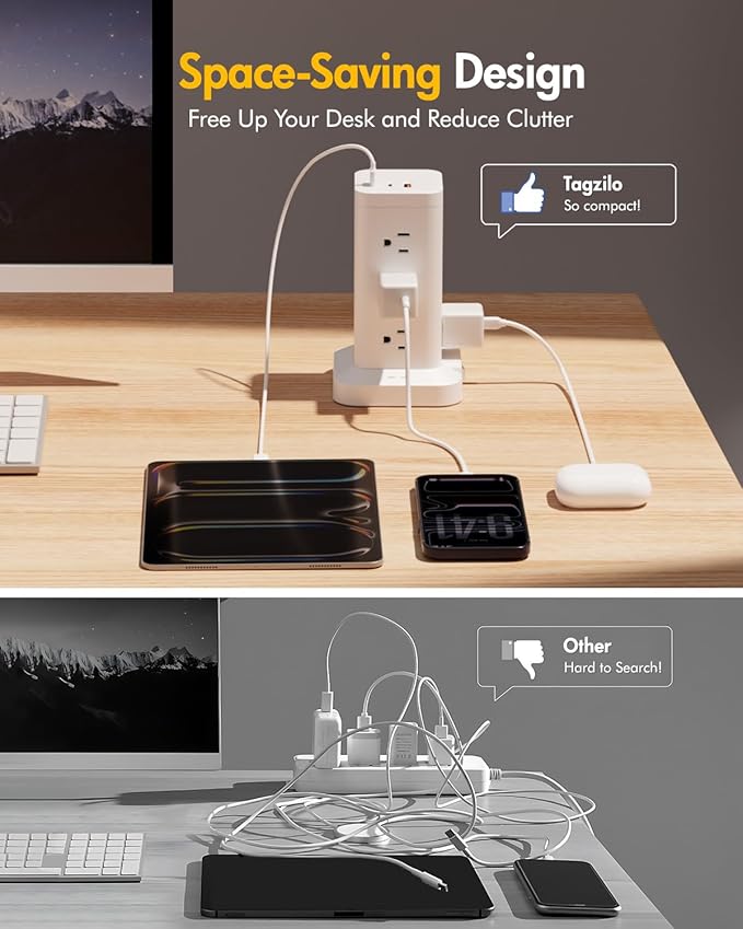 Power Strip Tower with Surge Protector 1800J, Fast Charging Tower PD20W USB-C Ports with 12 AC Outlets, 10ft Extension Cord for Home Office Dorm Room, White