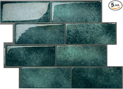 Smart Tiles Peel and Stick backsplash, Subway Teal Green, 11.55"x8.38" | Pack of 5 (2.8 sq ft), Glossy, Heat/Moisture Resistant, Low VOC, Kitchen/Bathroom, Renter Friendly, Made in Canada