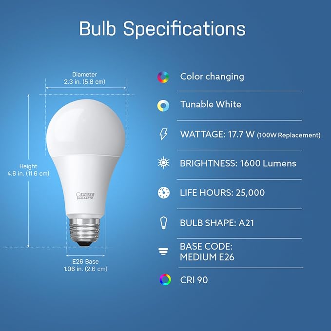 Feit Electric Smart Bulb, 100W Equivalent Color Changing & Tunable White, 2.4Ghz WiFi Light Bulb, Works with Alexa & Google Assistant, High CRI Dimmable LED OM100/RGBW/CA/AG, 1 Count (Pack of 12)