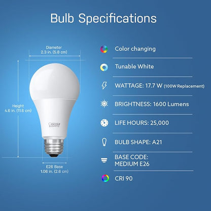 Feit Electric Smart Bulb, 100W Equivalent Color Changing & Tunable White, 2.4Ghz WiFi Light Bulb, Works with Alexa & Google Assistant, High CRI Dimmable LED OM100/RGBW/CA/AG, 1 Count (Pack of 12)