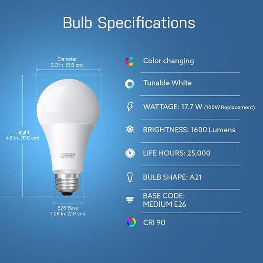 Feit Electric Smart Bulb, 100W Equivalent Color Changing & Tunable White, 2.4Ghz WiFi Light Bulb, Works with Alexa & Google Assistant, High CRI Dimmable LED OM100/RGBW/CA/AG, 1 Count (Pack of 12)