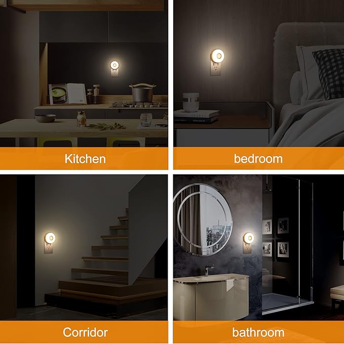 CREWEEL Night Light, Plug in LED Nightlight, 200Lumens Bright Plug-in Motion Sensor Light Indoor, Energy Efficient, Soft Warm Lighting for Home(Warm White 4Pack)