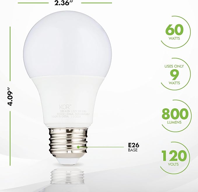 KOR 6 Pack A19 LED Light Bulb, 60W Equivalent, 5000K Bright White, 800 Lumens, Efficient 9 Watt Replacement Bulbs with E26 Standard Base, 15000 Long Life Hours, Non-Dimmable, 80+ CRI, UL Listed