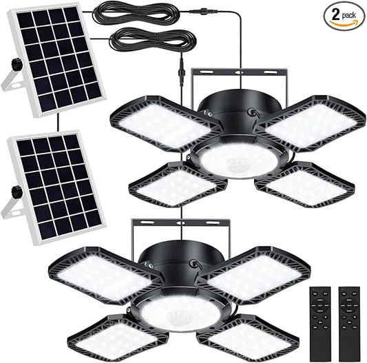 Solar Shed Light Outdoor Indoor, 176LED Solar Powered Motion Sensor Pendant Light Daytime Available, Solar Indoor Lights with 5 Lighting Modes & Remote for Shed Gazebo Barn Garage, 2 Pack