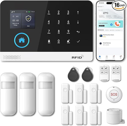 PGST Home Security Systems for House, Wireless Home Security Alarm System, Door/Window Sensor Motion Sensors with App Alert, WiFi+GSM 4G Home Alarm System No Subscription（103-D）